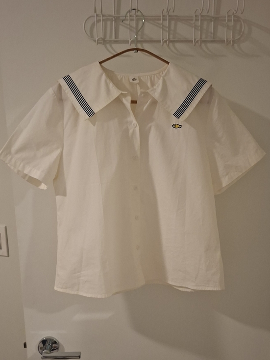Tops - Korean White Cotton Button-up Sailor Shirt with Embroidered Fish (Size M/L)